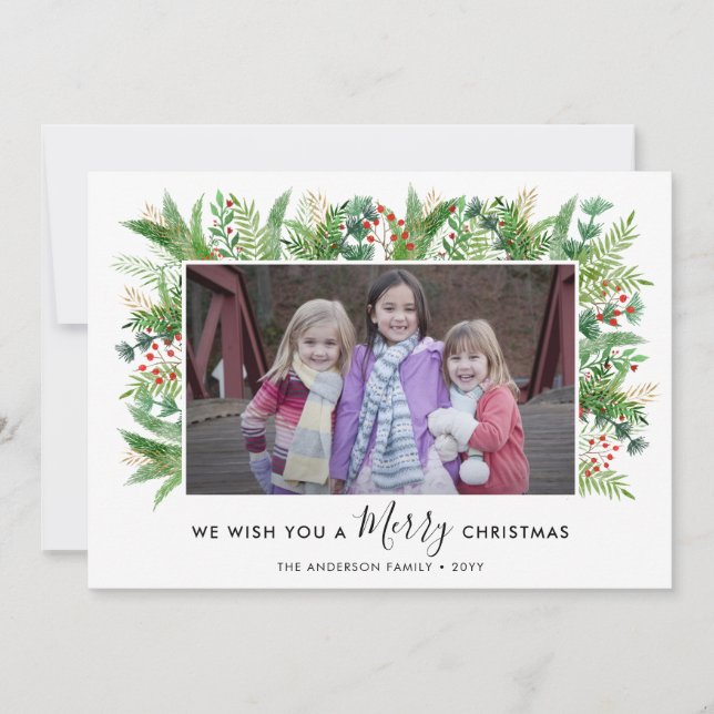 Modern Merry Christmas Botanical Pines 2 Photo Holiday Card (Front)