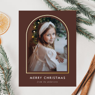 Modern Merry Christmas Brown Arch Photo Foil Holiday Postcard
