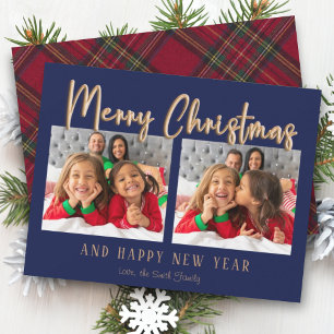 Modern Merry Christmas Bubble Letters Plaid Photo Holiday Card