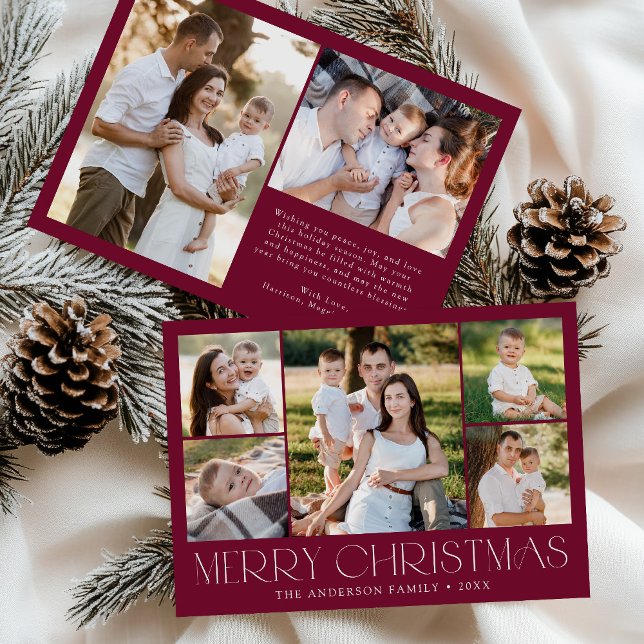 Modern Merry Christmas Burgundy Photo Collage Holiday Card (Creator Uploaded)