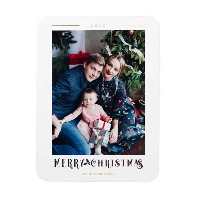 Modern Merry Christmas Calligraphy Custom Photo Magnet (Vertical)