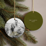 Modern Merry Christmas Custom Photo Ceramic Tree Decoration<br><div class="desc">Fun,  festive "Merry Christmas" lettering on the front with photo and custom text on the back,  or add a second photo.</div>
