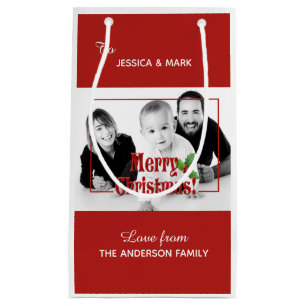 Modern Merry Christmas Custom Photo Red Small Gift Bag