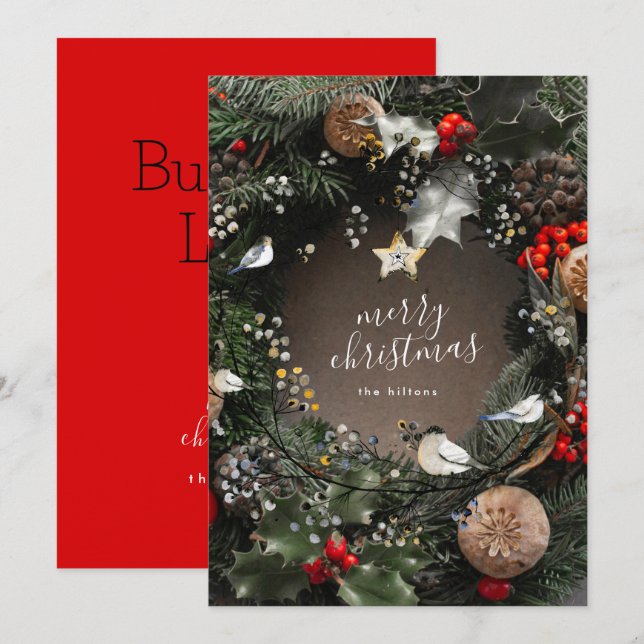 Modern Merry Christmas Door Wreath Corporate Holiday Card (Front/Back)