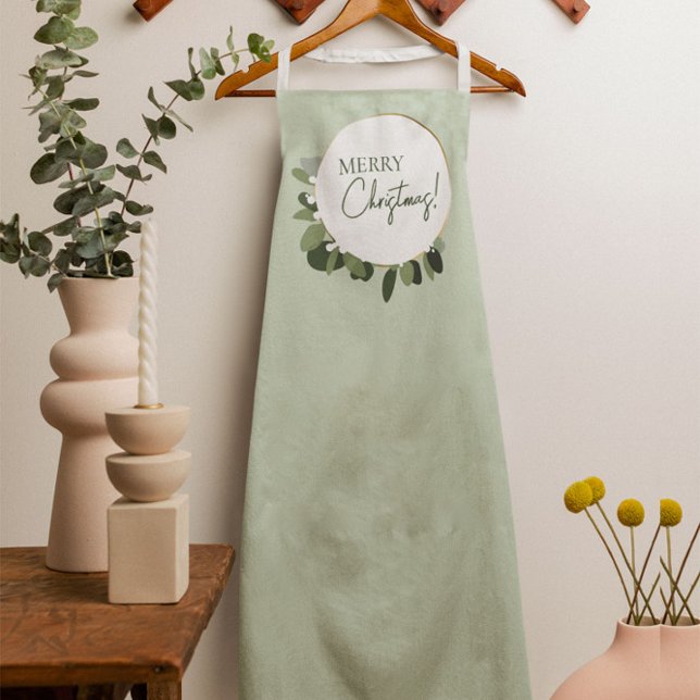 Modern Merry Christmas eucalyptus wreath green Apron (Merry Christmas modern eucalyptus wreath green holiday apron. Contemporary design.)