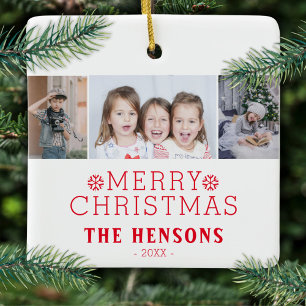 Modern Merry Christmas Family 3 Photo Collage Ceramic Ornament