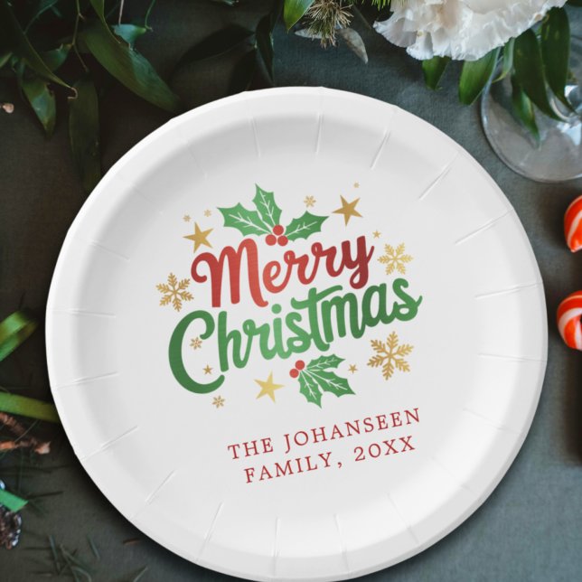 Modern Merry Christmas Family Festive Red & Green  Paper Plate (Creator Uploaded)
