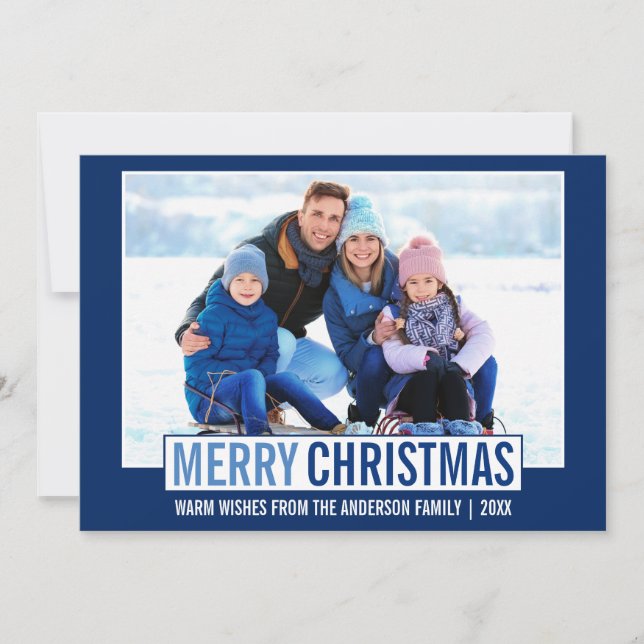 Modern Merry Christmas Family Photo Blue Holiday Card (Front)