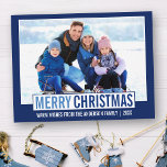 Modern Merry Christmas Family Photo Blue Postcard<br><div class="desc">Modern Merry Christmas Family Photo Blue Holiday Postcard</div>