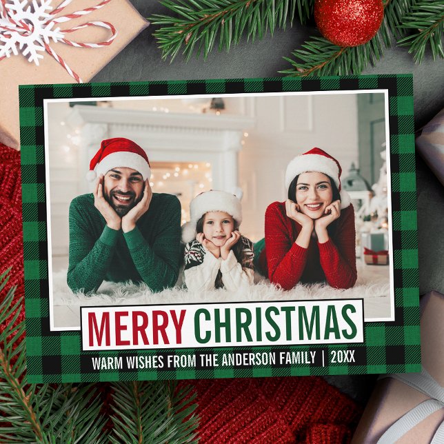 Modern Merry Christmas Family Photo Green Plaid Postcard (Customize to change your personalized text size or text style.)