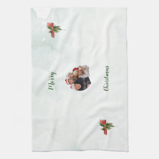 Modern merry Christmas family photo kitchen towel