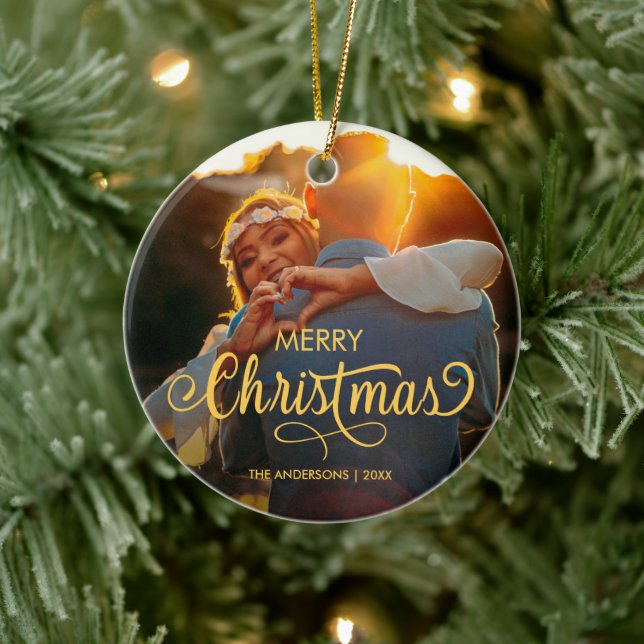 Modern Merry Christmas Family Photo Name Ceramic O Tree Decoration (Tree)