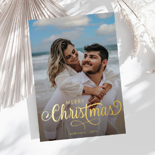 Modern Merry Christmas Family Photo Name Stripes 