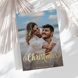 Modern Merry Christmas Family Photo Name Stripes F