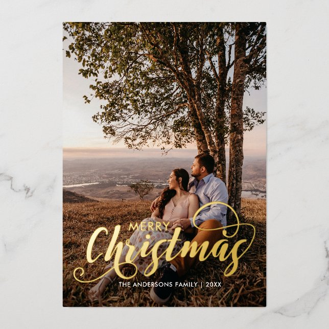 Modern Merry Christmas Family Photo Name Tartan (Front)