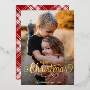 Modern Merry Christmas Family Photo Name Tartan