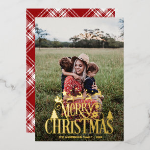 Modern Merry Christmas Family Photo Name Tartan
