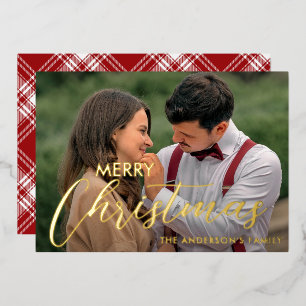Modern Merry Christmas Family Photo Name Tartan