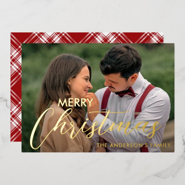 Modern Merry Christmas Family Photo Name Tartan (Front/Back)