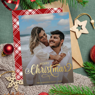 Modern Merry Christmas Family Photo Name Tartan