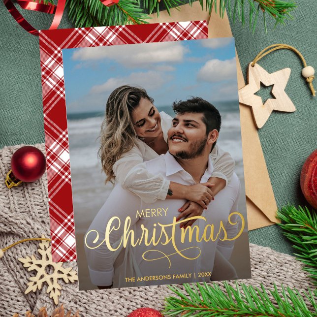 Modern Merry Christmas Family Photo Name Tartan (Creator Uploaded)