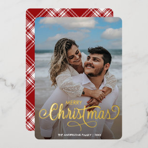 Modern Merry Christmas Family Photo Name Tartan