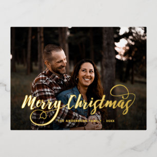Modern Merry Christmas Family Photo Name Tartan Ho Foil Holiday Postcard