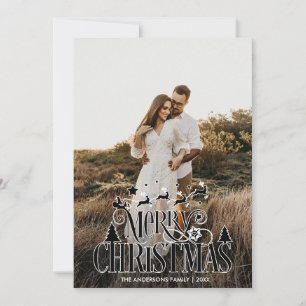 Modern Merry Christmas Family Photo Name Tartan Holiday Card