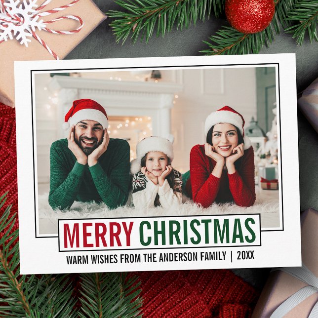 Modern Merry Christmas Family Photo Postcard (Customize to change your personalized text size or text style.)