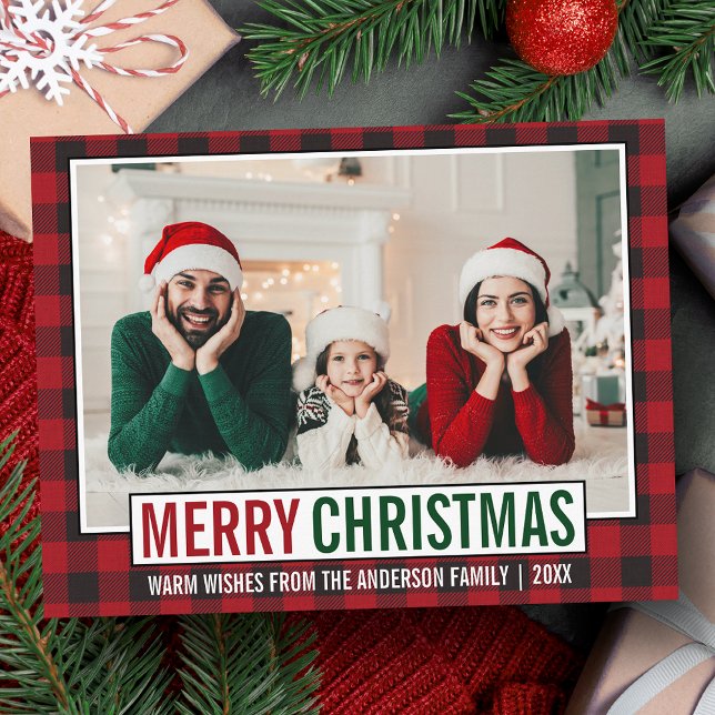 Modern Merry Christmas Family Photo Red Plaid Postcard (Customize to change your personalized text size or text style.)