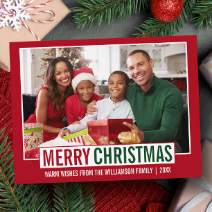 Modern Merry Christmas Family Photo Red Postcard