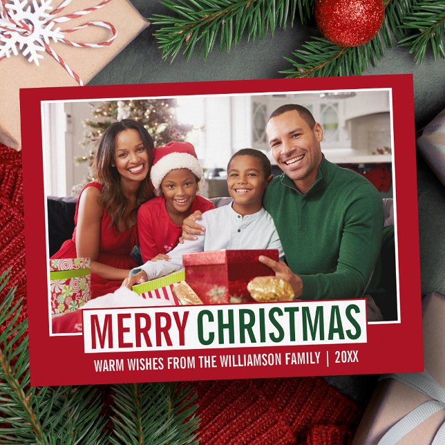 Modern Merry Christmas Family Photo Red Postcard (Customize to change your personalized text size or text style.)