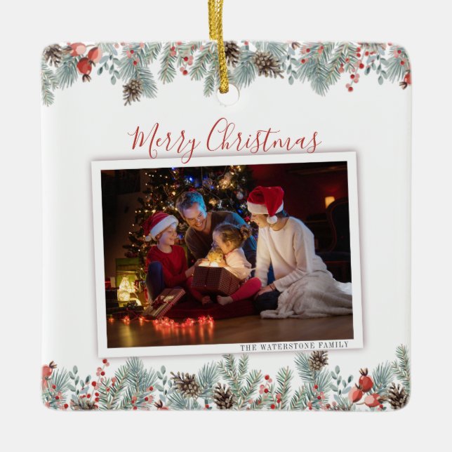 Modern Merry Christmas Family Photo Rustic Ceramic Ornament (Front)