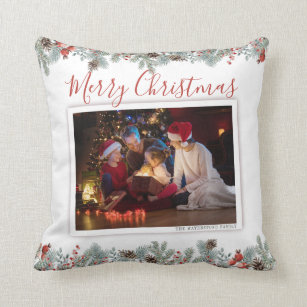 Modern Merry Christmas Family Photo Rustic Cushion