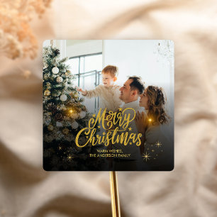 Modern Merry Christmas Family Photo Square Sticker