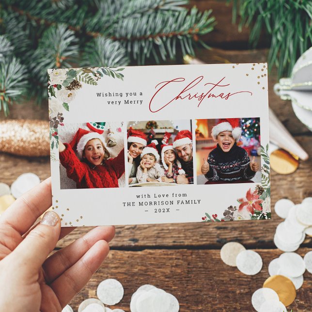 Modern Merry Christmas Floral 3 Photo Greeting Holiday Card (Creator Uploaded)