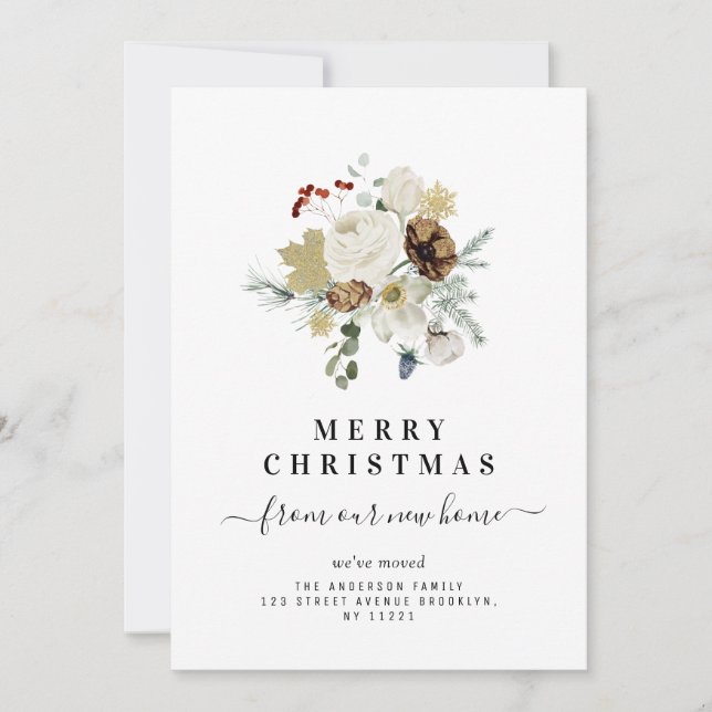 modern merry christmas floral moving announcement (Front)