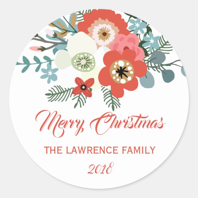 Modern Merry Christmas Flowers Foliage Holiday Classic Round Sticker (Front)