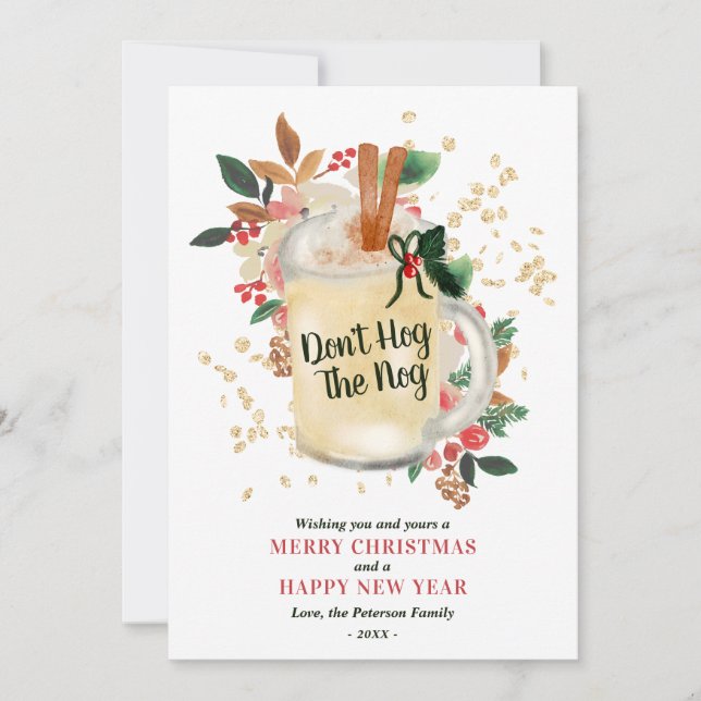 Modern Merry Christmas glitter funny eggnog quote Holiday Card (Front)