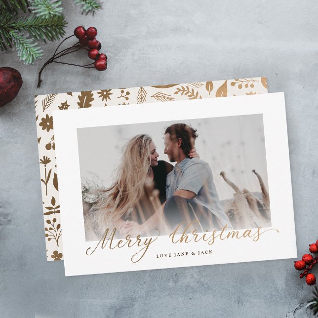 Modern Merry Christmas Gold Boho Script Photo Holiday Card (simple modern gold script botanical pattern one photo holiday merry Christmas card
)