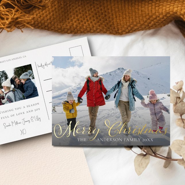 Modern Merry Christmas Gold Foil & Photo Foil Holiday Postcard (Creator Uploaded)