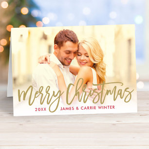Modern Merry Christmas Gold Script Photo Overlay Holiday Card