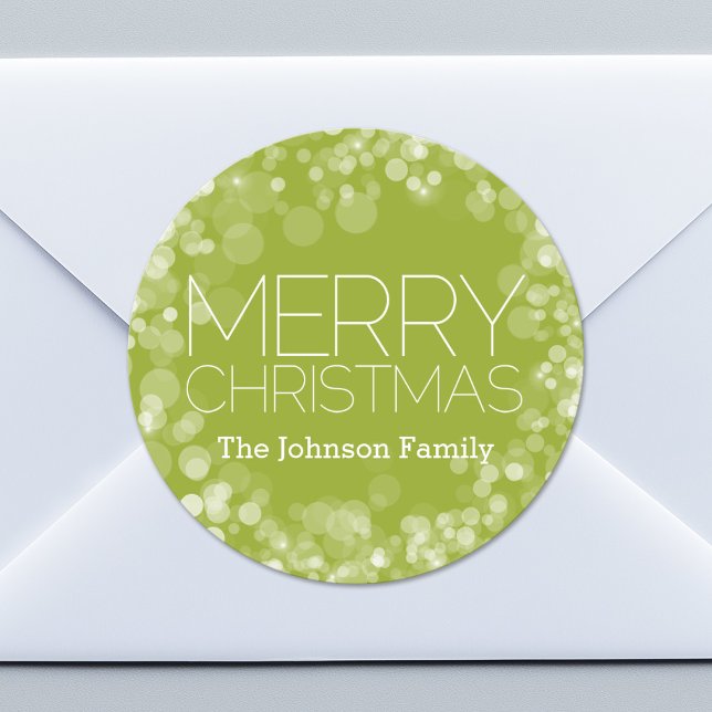 Modern Merry Christmas Green Bokeh Personalised Classic Round Sticker (Custom Sticker for Party Favors or Envelopes)
