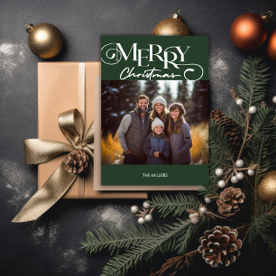 Modern Merry Christmas Green Plaid Minimal 1 Photo Holiday Card