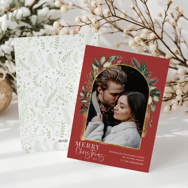 Modern Merry Christmas Green Red Gold Arch 1 Photo Holiday Card (Creator Uploaded)
