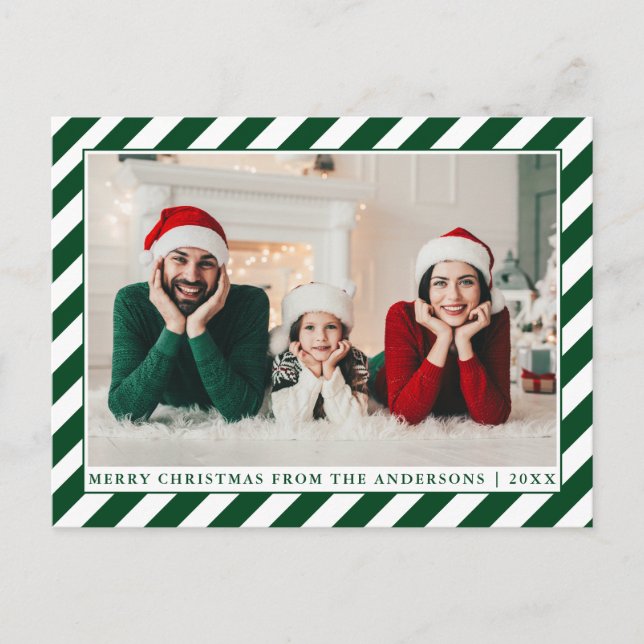 Modern Merry Christmas Green Stripes Photo Postcard (Front)