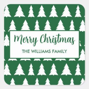 Modern Merry Christmas Green White Tree Pattern Square Sticker