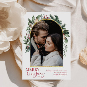 Modern Merry Christmas Greenery Gold Arch Photo Holiday Card