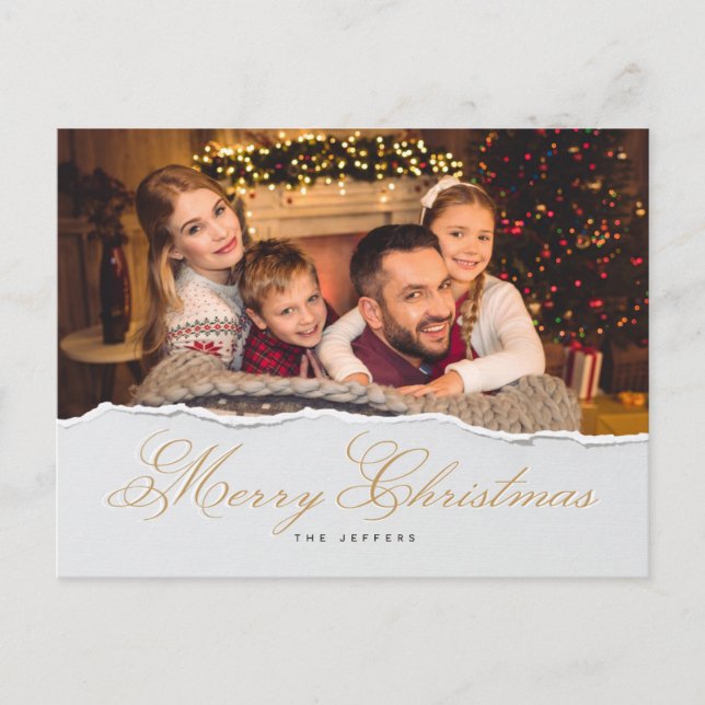Modern Merry Christmas Hand Lettered Family Photo  Postcard (Front)
