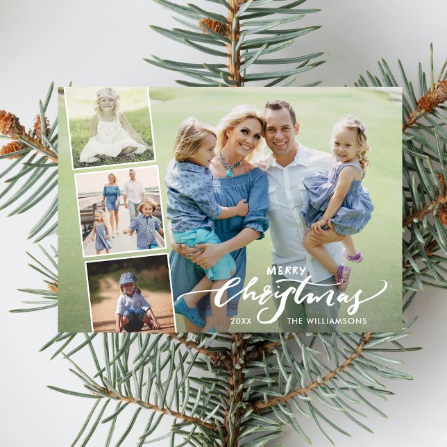 Modern Merry Christmas Hand Lettered Photo Collage Holiday Card (Creator Uploaded)